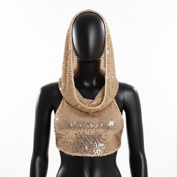 New Small Gold Sequin Cowl Neck Crop Top Festival Rave Glam Sheer Backless - Picture 2 of 7